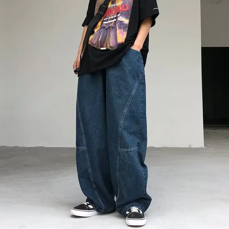 Japanese Oversized Jeans Men\'s Fashion Baggy Solid Color Casual Stitching Trousers Street Straight Harajuku Denim Pants