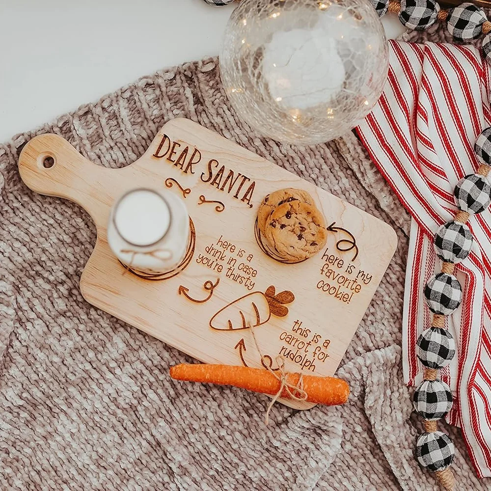 

Wooden Santa Cookie Plate Cutting Board Christmas Party Kitchen Decor Santa Claus Reindeer for Milk Cookies Housewarming Gift