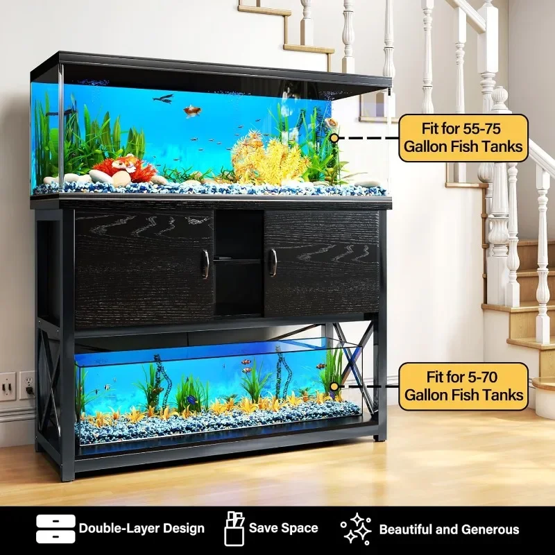 55-75 Gallon Aquarium Stand with Charging Station and Cable Holes, Metal Fish Tank Stand with Storage Cabinet