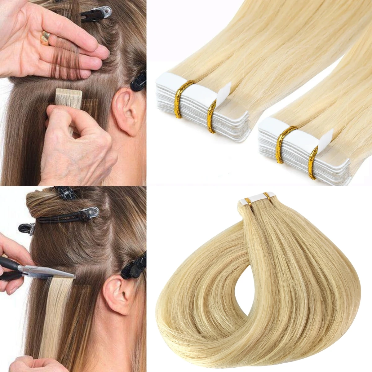 Extensões do cabelo humano, fita no cabelo, cabelo natural real, trama da pele, cor da mistura, cabelo reto, sem emenda, #613, louro