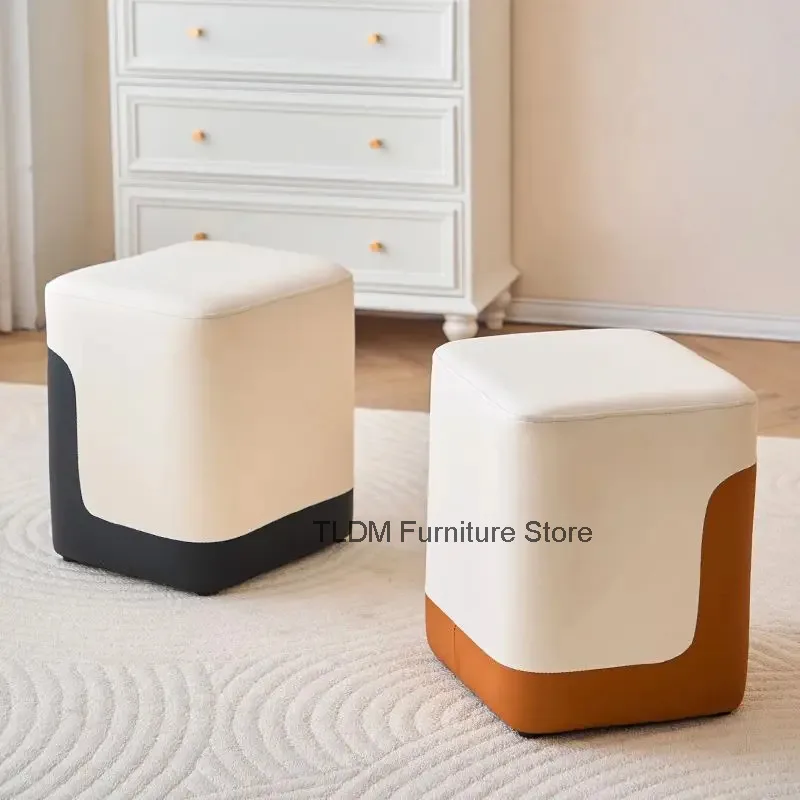 Modern Leather Square Ottomans - Contrast Color Padded Footstools for Living Room Bedroom Home Decor