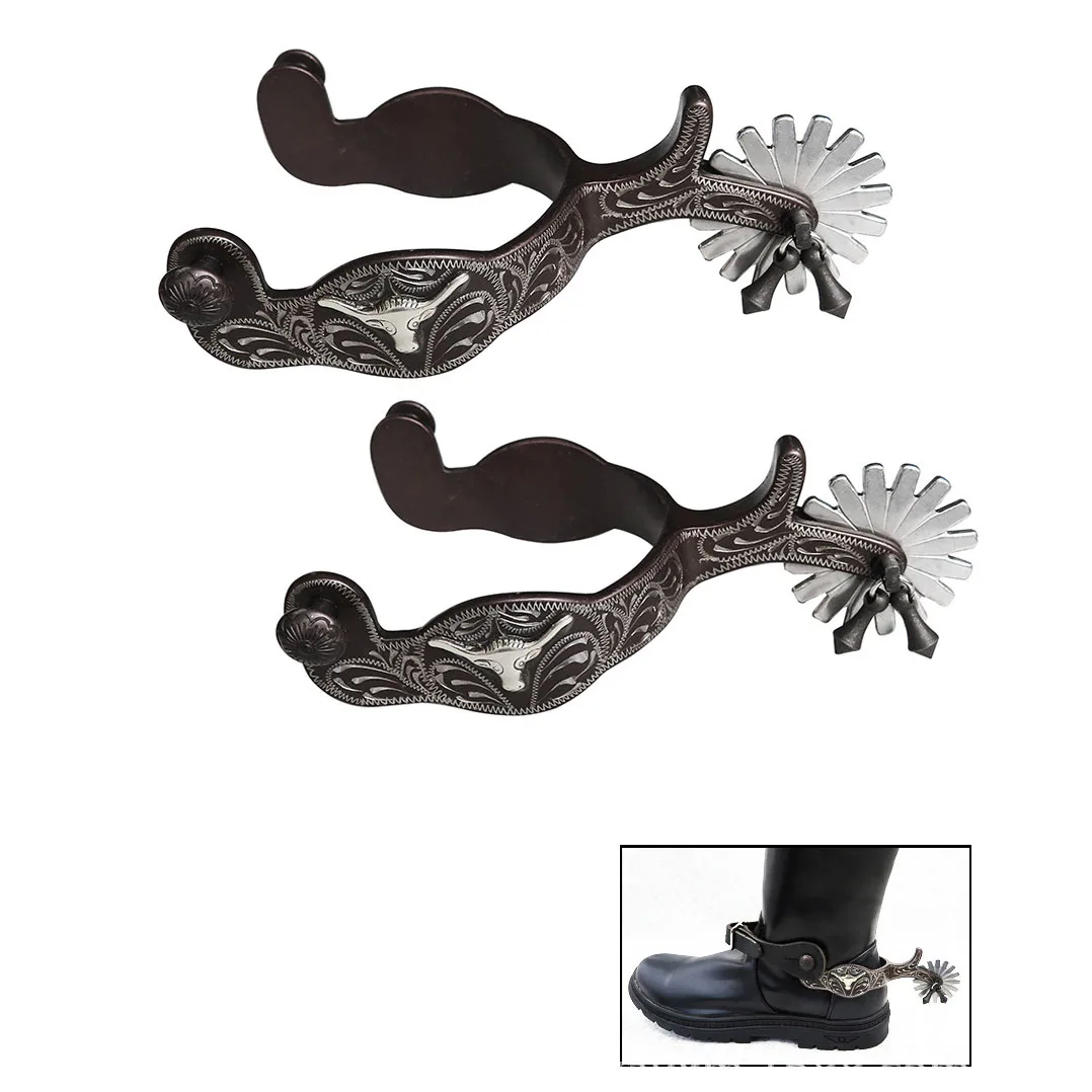 2 Pack Western Cowboy Spurs Paired with 2 Pcs 6 Holes Belt for Boot English Horse Spur Strap with Rotatable Gear Horse equipment