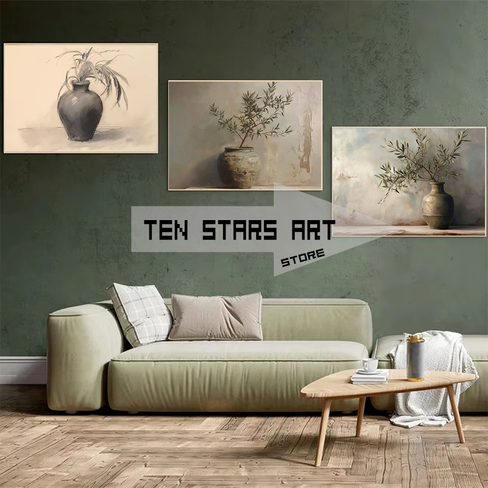 Olive Tree in Aged Vase Painting Poster Vintage Botanical Art Vertical Painting Print Canvas Home Room Wall Decor Olive Tree Art
