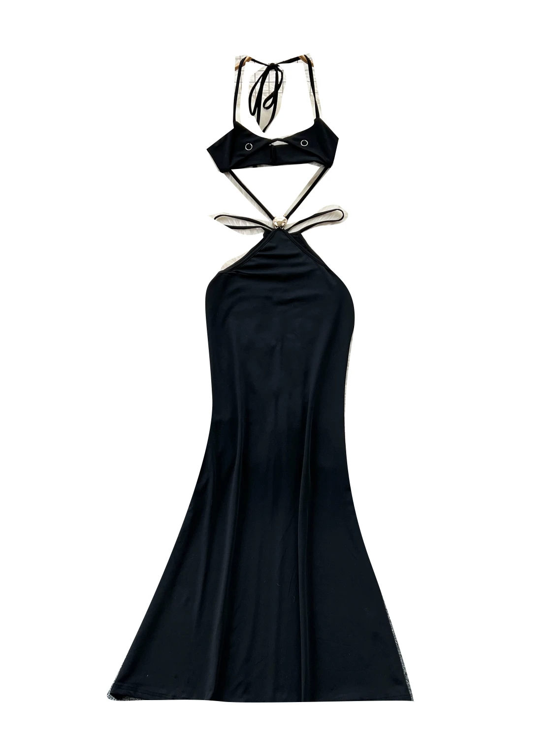 Foamlina ins อินเทรนด์บริสุทธิ์ Hollow out เอวชุดเอี๊ยมเชือกแขวนคอผู้หญิงแน่น Skinny bodycon ชุดหางปลา