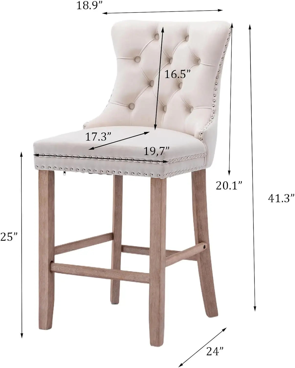 Modern Velvet Upholstered Bar Stools Set Of 2 Button Tufted Counter Height Barstools Wood Legs Armless Chairs With Chrome Nailhead Trim Footrest For Kitchen Island Dining Room Beige