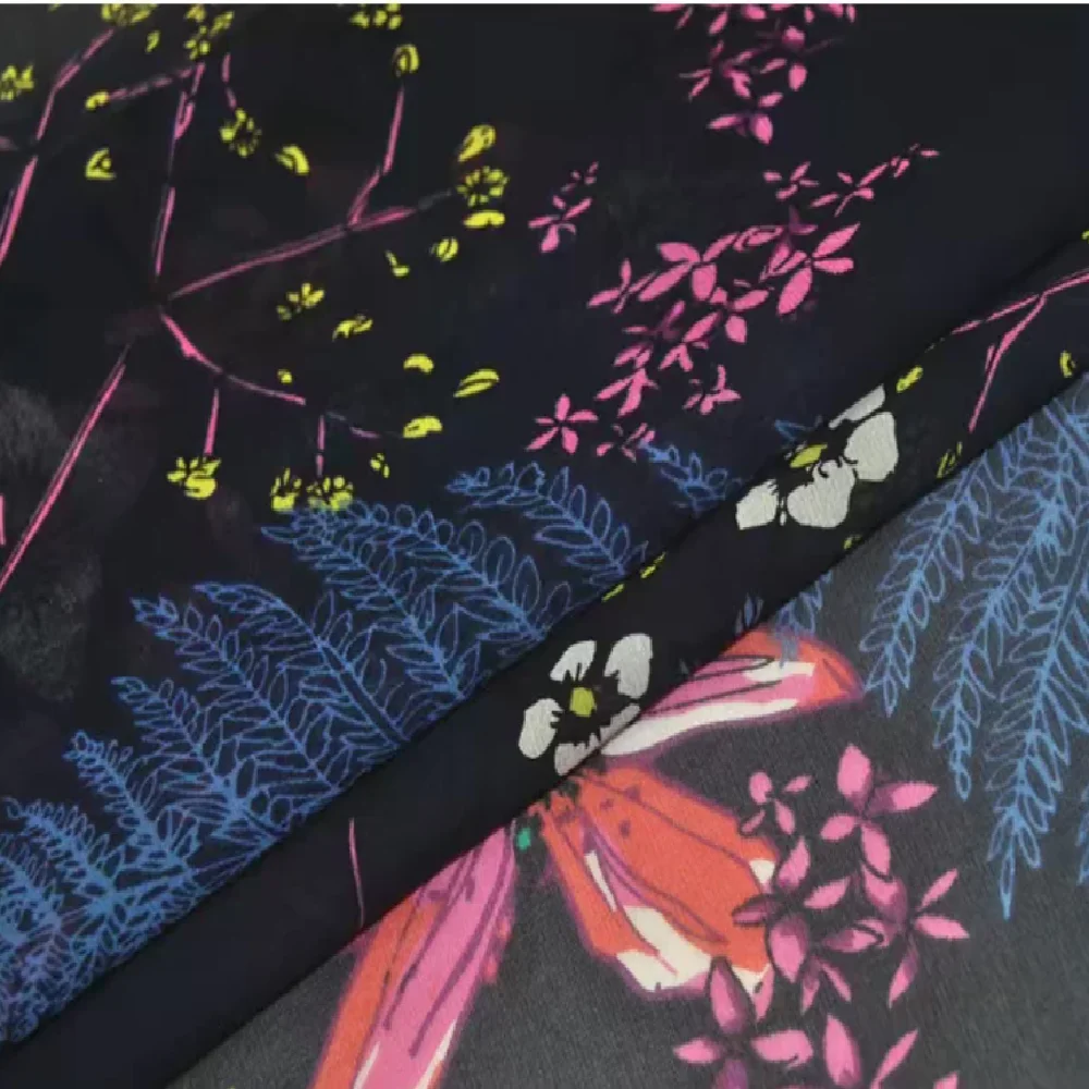 Dark Color Beautiful Flower Nice Printed 100% Pure Silk Georgette Fabric GGT for Elegant Girl Female Autumn Clothes Dress