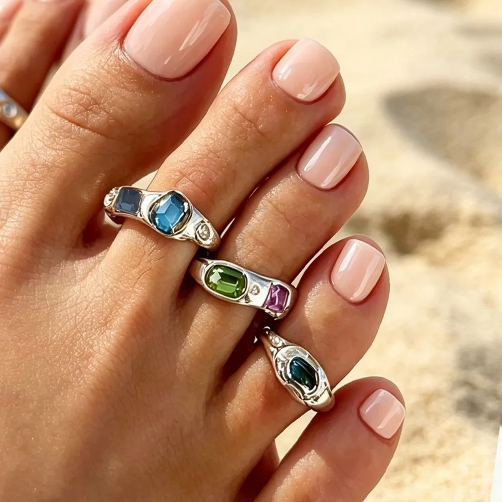 3Pcs/set Light Lux Toe Ring Stone Inlay Color Gem Rhinestone Jewelry Open Adjust Crumple Metal Metal Foot Decor Street Shoot