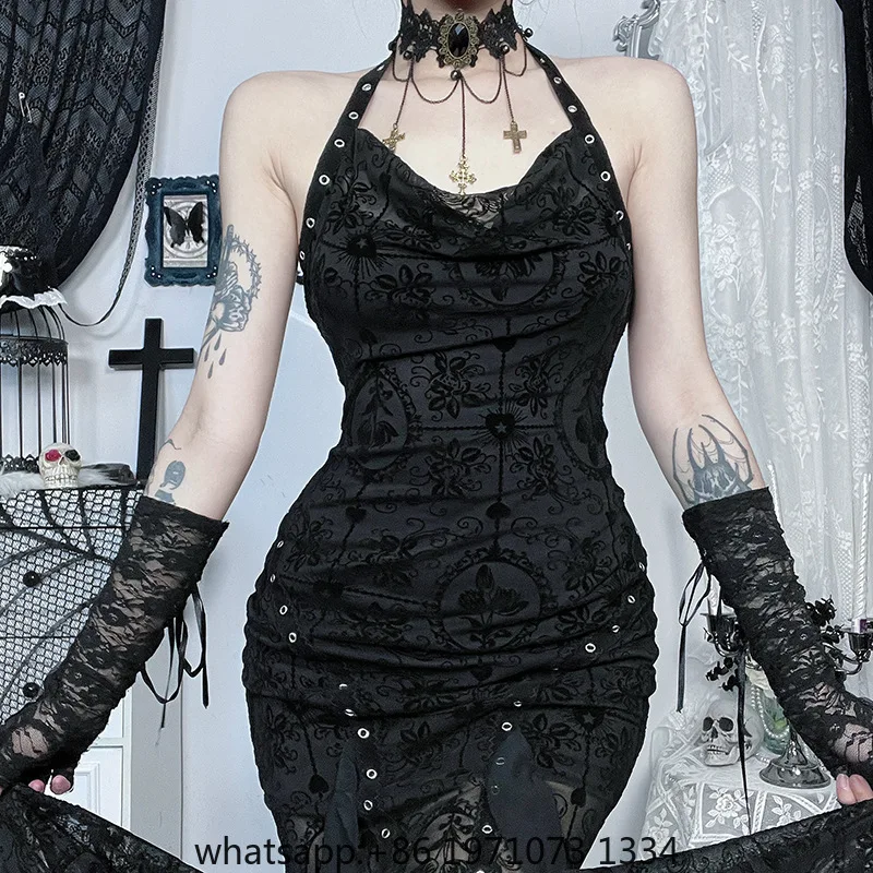 Goth Dark Mall Gothic Flocking Print Halter Bandage Party Dress Y2K Chic Backless Mesh Patchwork Trumpet Dresses Women Techwear