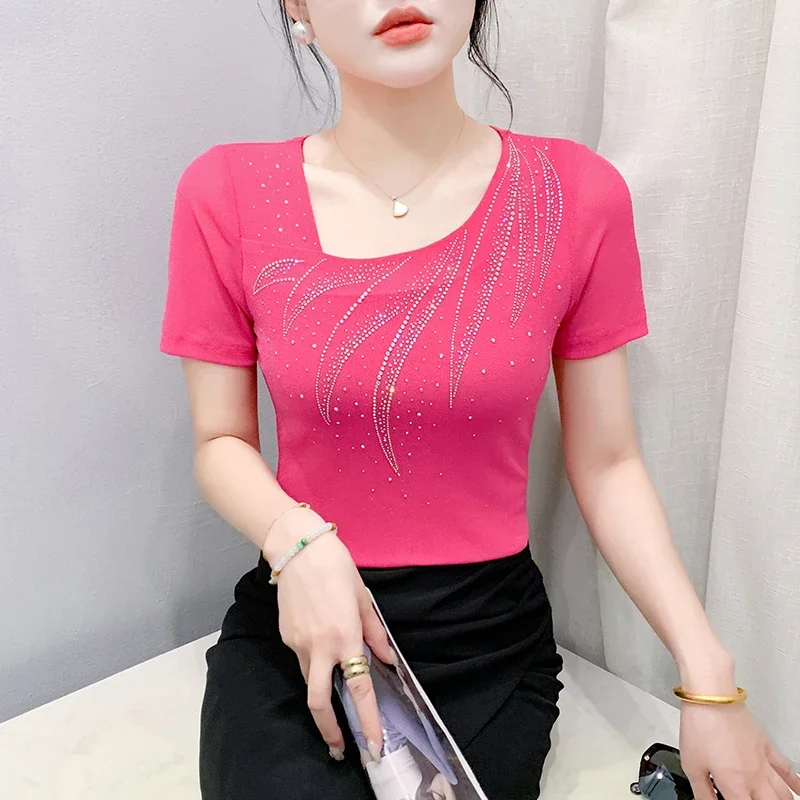 

Шикарный стиль, летняя женская футболка с бриллиантами, v-образным вырезом и коротким рукавом, сетчатые элегантные повседневные тонкие топы, женские футболки XQ741
