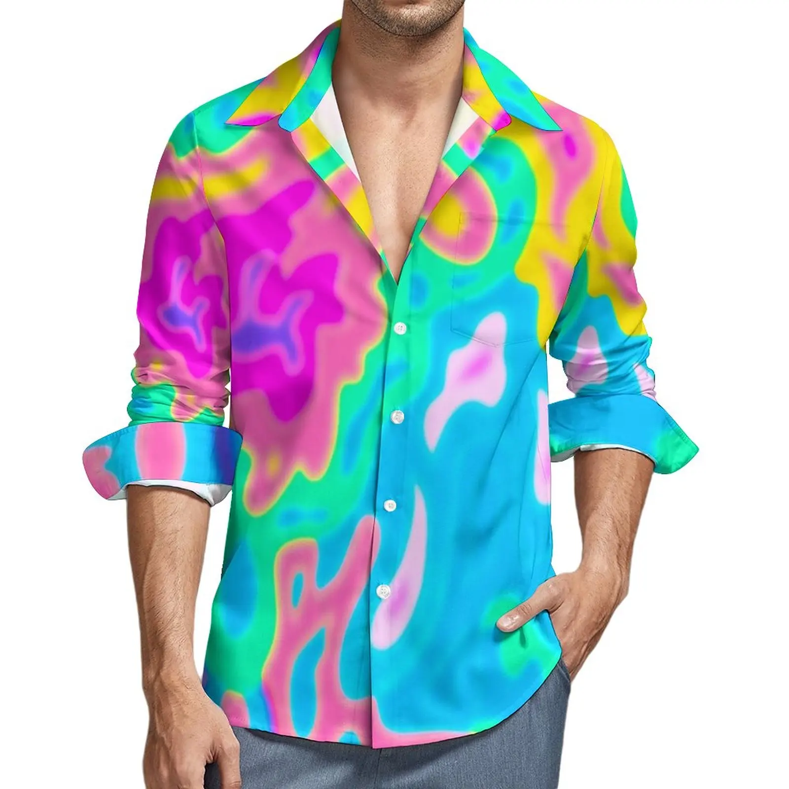 Novidade colorida pintura neon camisa homem splatter impressão camisas casuais outono impresso blusas lapela manga longa roupas topos