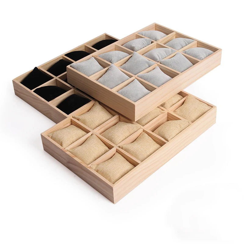 Wood Jewelry Storage Tray 12 Girds Watch Pillow Plate Necklaces Bracelet Bangle Watches Display Holder