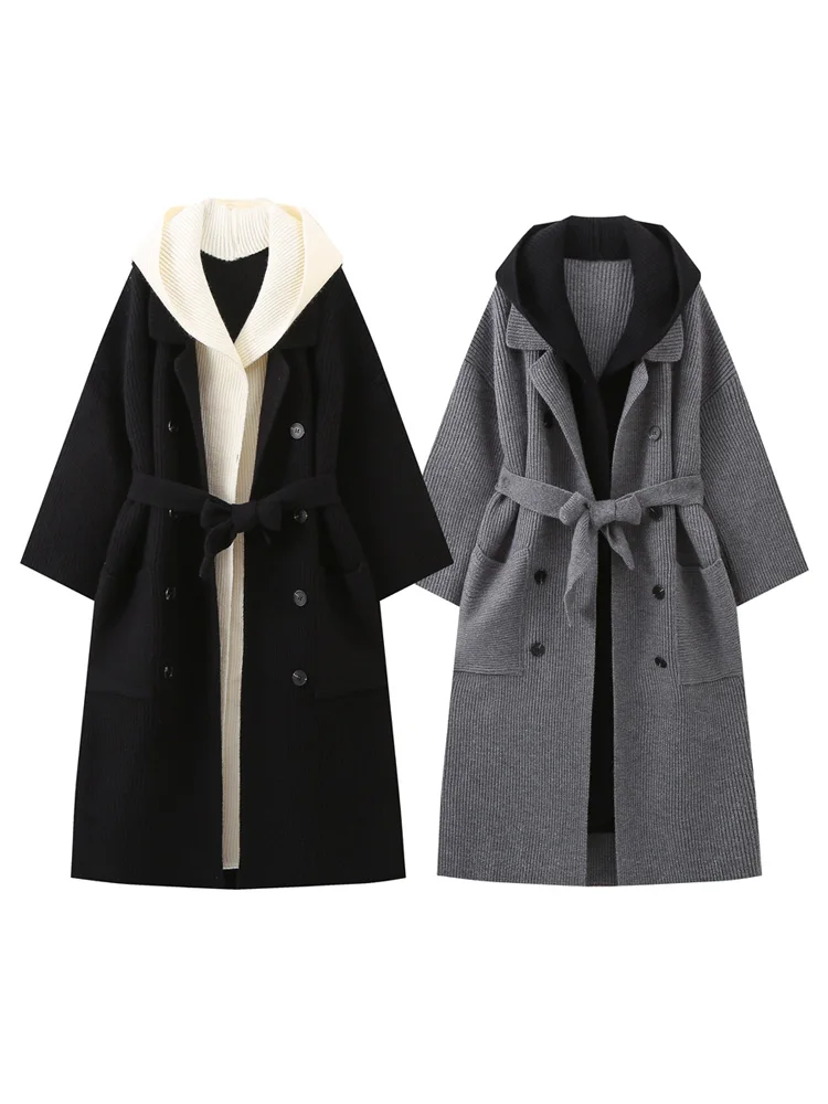 KAOPU ZA Women with belt patchwork hooded knit cardigan coat vintage button-up long sleeves female outerwear chic tops