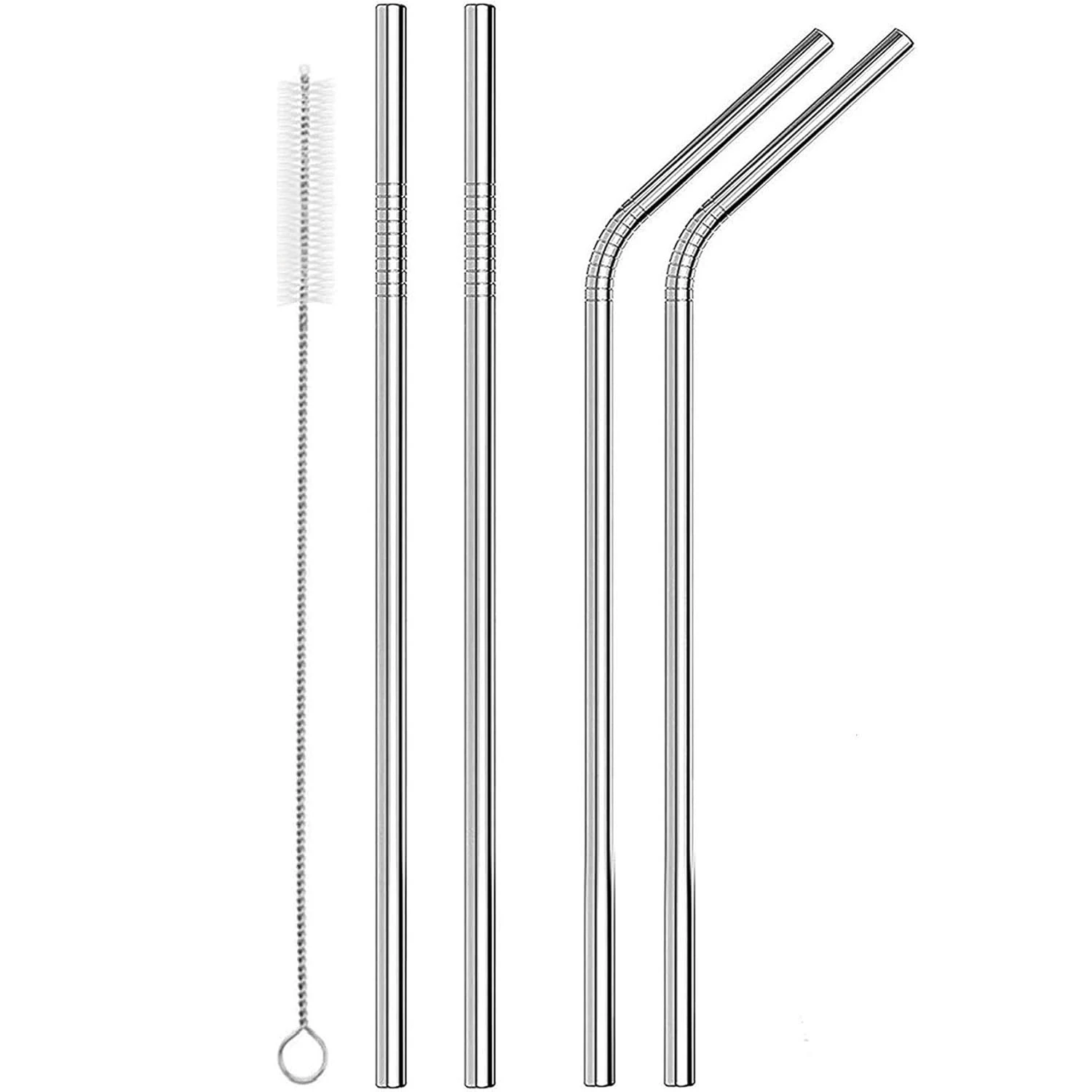 Set of 4 Reusable Metal Straws, Long Stainless Steel Straw with Cleaning Brushes-2 Straight 2 Bent+1 Brush