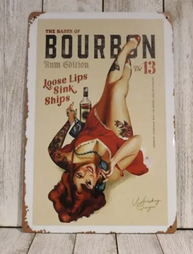 Bourbon Whiskey Pinup Girl Tin Sign Metal The Babes of Vintage Rustic Look XZ