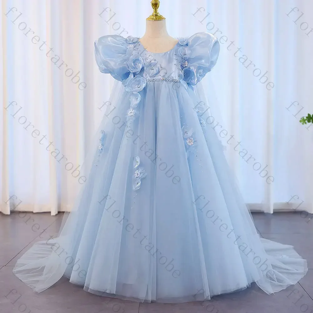 Customized Blue Flower Girl Dress Ball Gown Long Round Neck Puff Sleeve Tulle 3D Floral Beaded Train Wedding Kids Princess Gown
