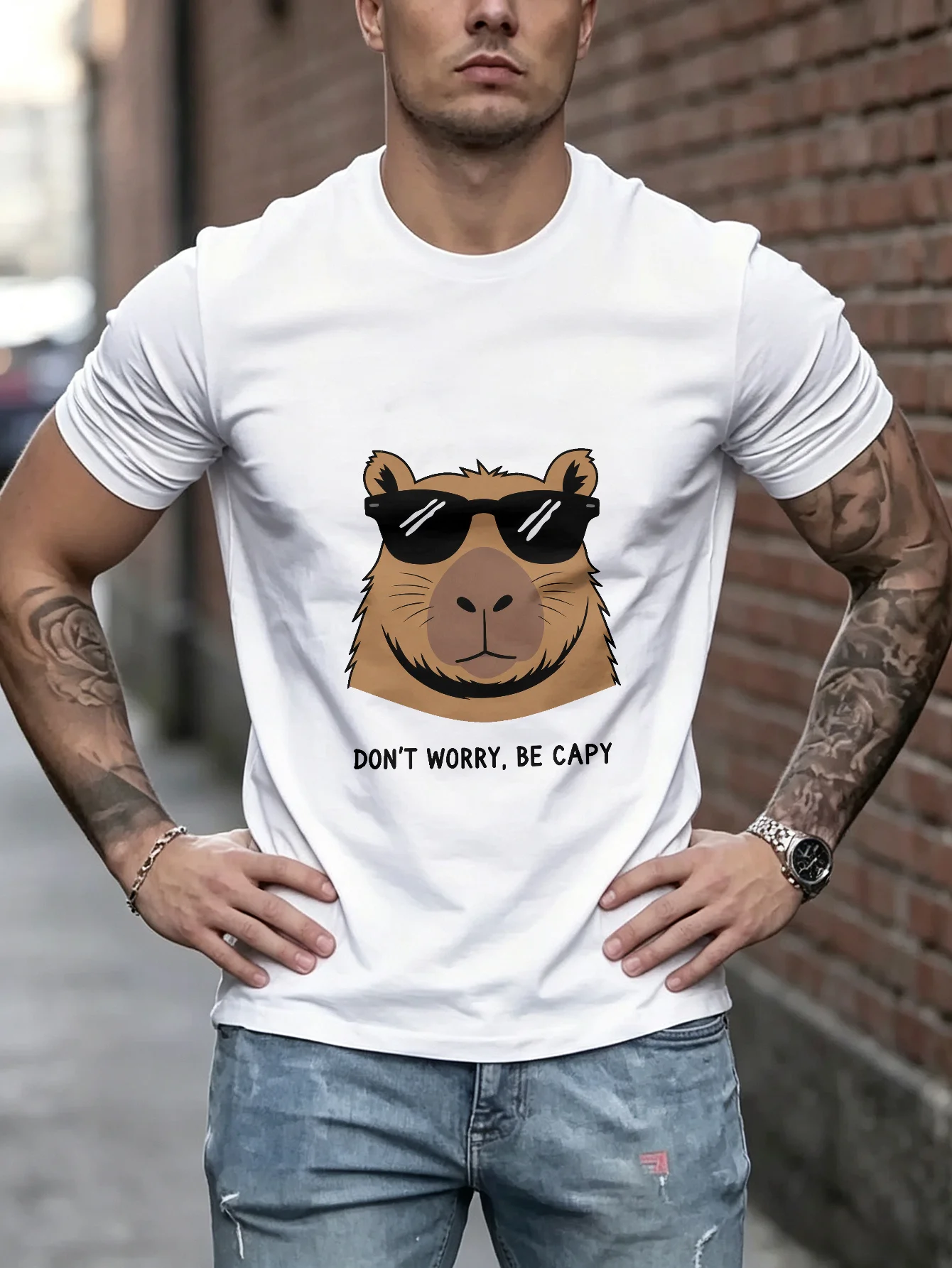 Unisex Casual TShirt, Cool Capybara Sunglasses Graphic, Funny Don't Worry Be Capy Print, Soft  Streetwear, Comfortable Short Sleeve Tee for Daily Wear