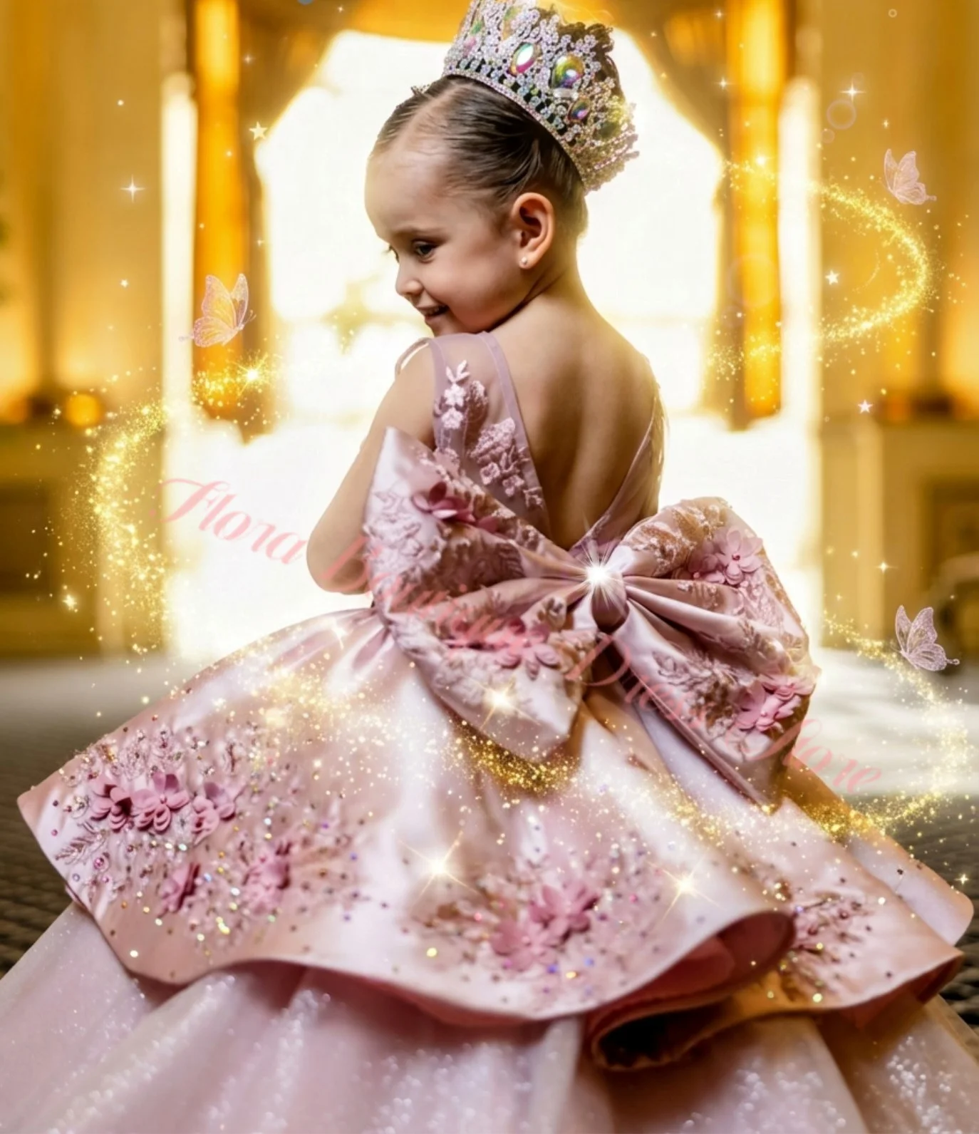 Pink Flower Elegant Fluffy Flower Girl Dress With Floral Bows Suitable For Wedding Bridesmaid Children's Beauty Pageant Dresses