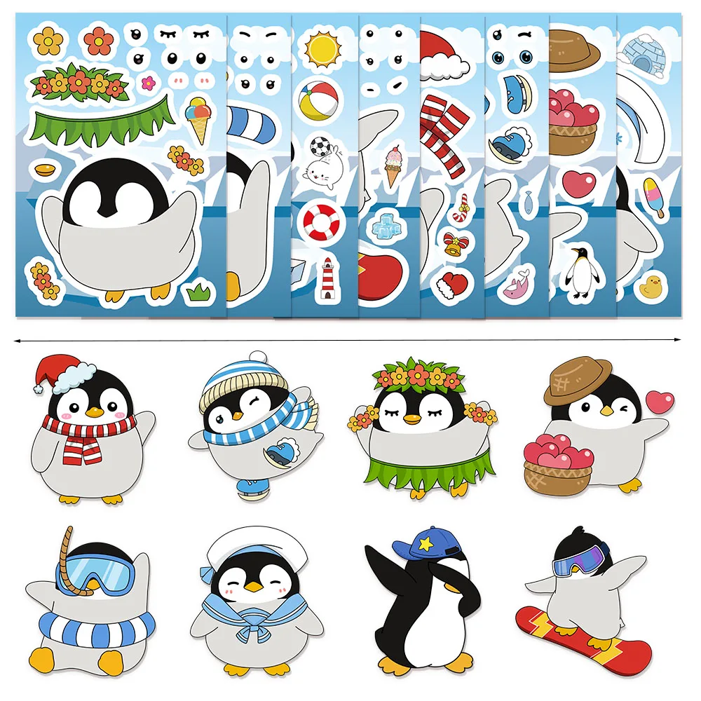 8PCS Cartoon Penguin Face Changing Puzzle Stickers Cartoon Animal Face Changing Stickers DIY