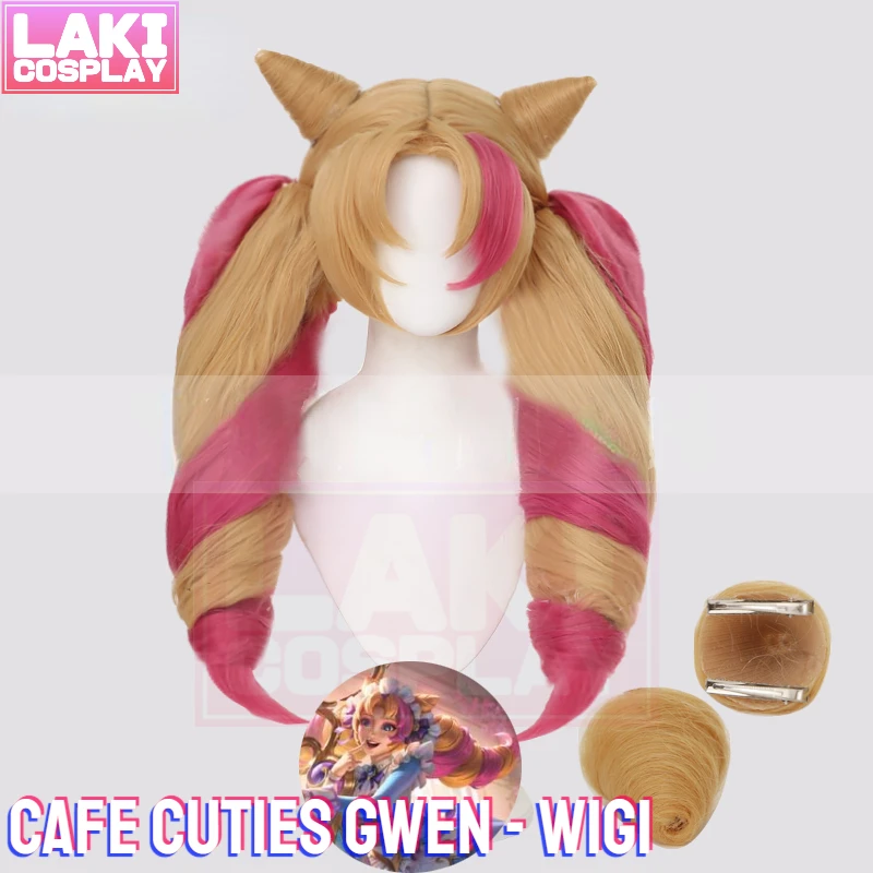 

CoCos Game Game LOL Cafe Cuties Gwen Cosplay Wig 50cm Long Curly Blonde Mixed Pink Ponytail Wigs Heat Resistant