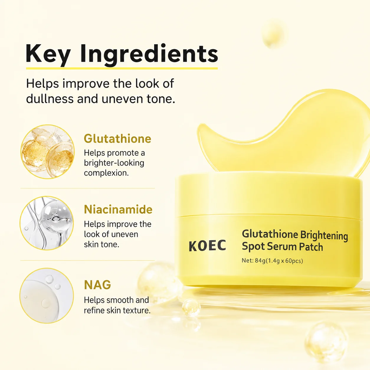 KOEC Glutathione Brightening Under Eye Patches, 60pcs | Niacinamide & NAG Eye Masks for Dark Circles, Puffiness & Even Skin Tone, Glutathione Skincare for Under Eye