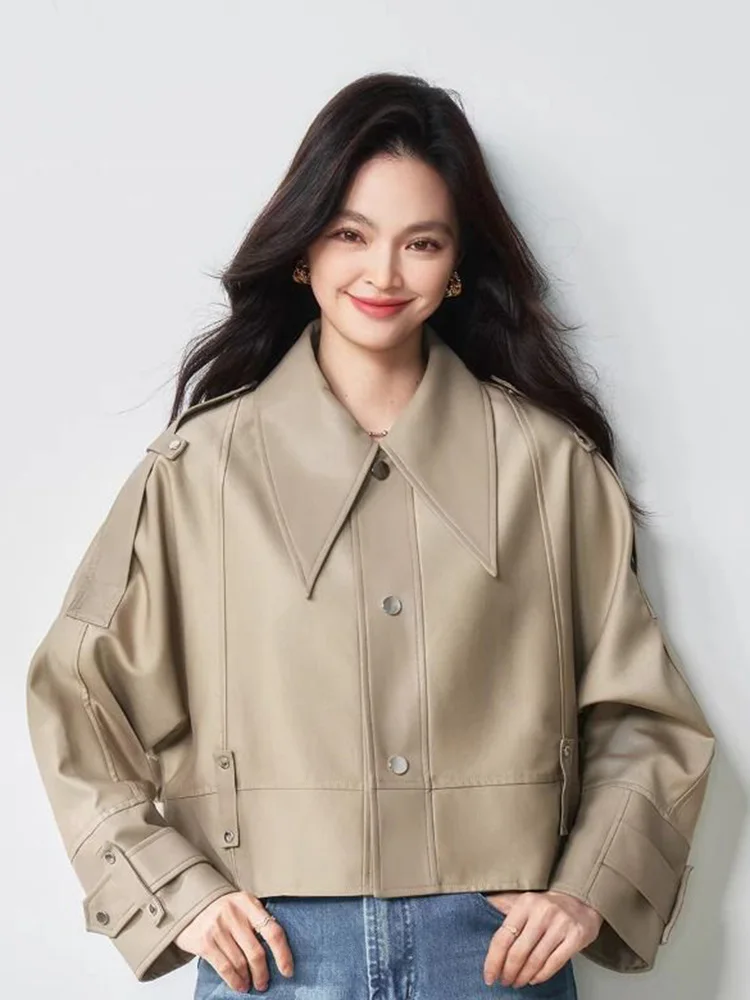 Amerikaanse Biker Retro Pu Jas Vrouwen Slanke Lange Mouw Streetwear Korte Jas Lente Vrouwelijke Vintage Single Breasted Y2K Moto Tops