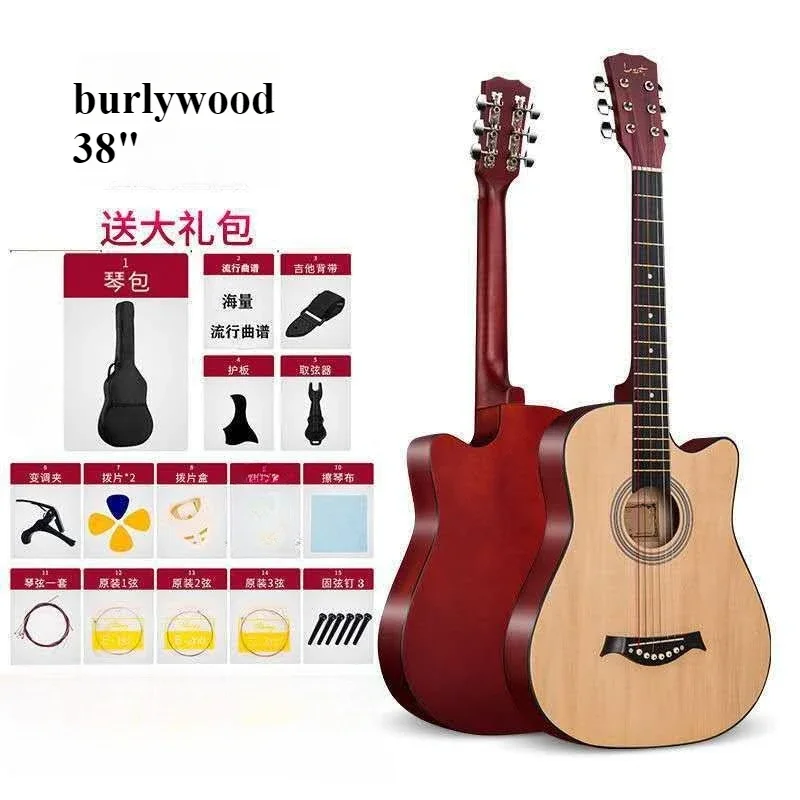 38 Inch Natural Acoustic Guitar Beginner Kit, 6 String Basswood Panel with Matte Finish, Includes Bag,Strings