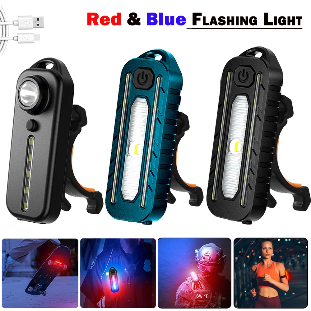 Red&Blue Police Warning Light Multifunction Bicycle Tail Light LED Shoulder Clip Helmet Light USB Rechargeable Safety Work Lamp