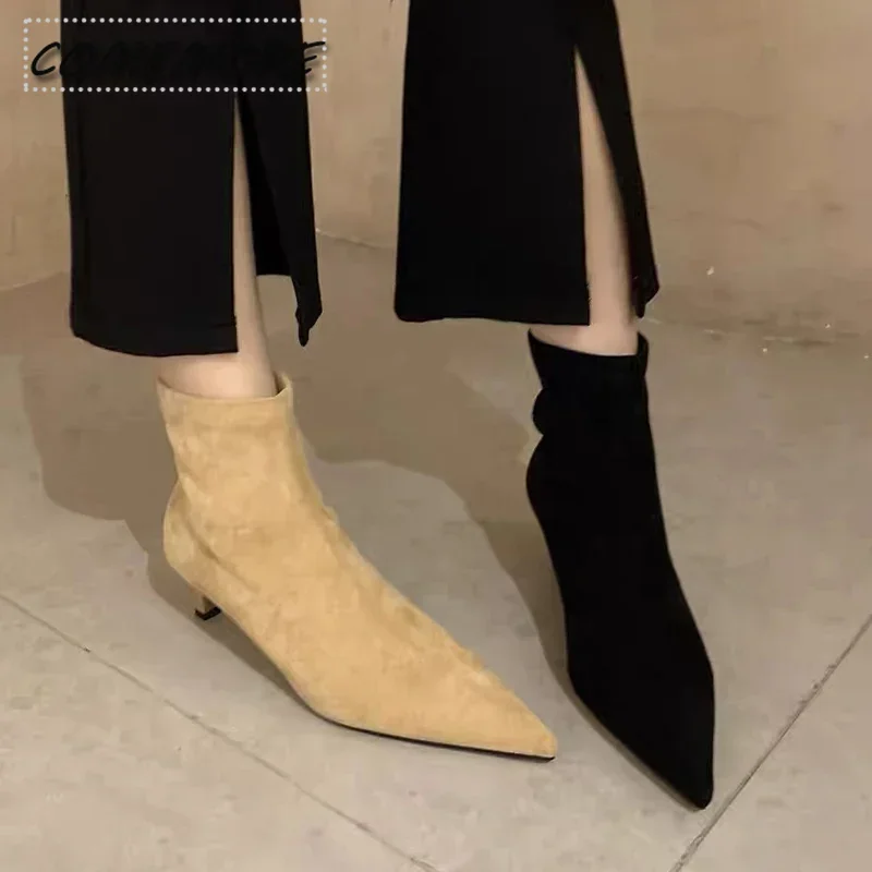 Stivaletti da donna in pelle scamosciata scarpe con tacco a punta 2025 New Fashion Chelsea Boots autunno inverno Designer Dress Pumps Snow Botas