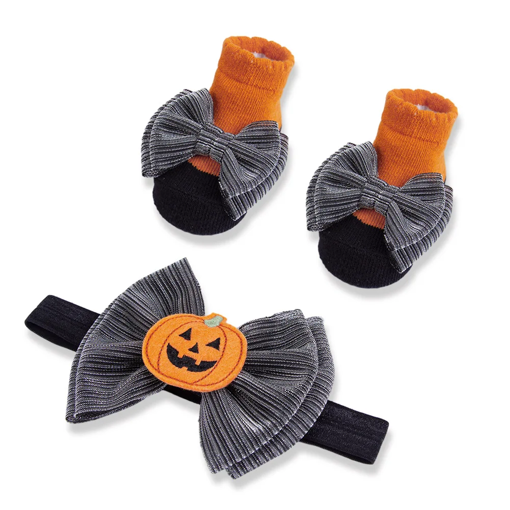 0-1Y Halloween Newborn Bowknot Headband Socks Set Baby Bow Pumpkin Headdress Orange All Saints\' Accessories Set for Baby Girls