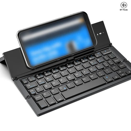Imagen 1 del producto Teclado de aluminio inalámbrico Bluetooth plegable con soporte para teléfono, teclado de viaje portátil recargable de 58 teclas para PC/portátil/tableta