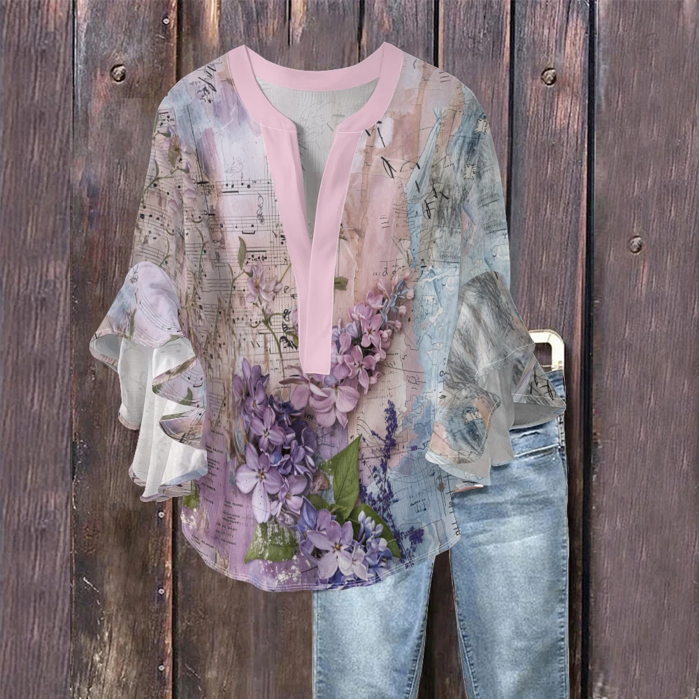 Blusa de crepé de burbujas rosa para mujer, estampado Floral y geométrico, elegante cuello en V, manga acampanada con volantes, camisas Vintage Retro de verano