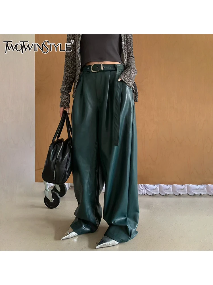 TWOTWINSTYLE Solid PU Patchwork Belt Long Chic Pants For Women High Waist Spliced Zipper Wide Leg Loose Pants Female Fashion New