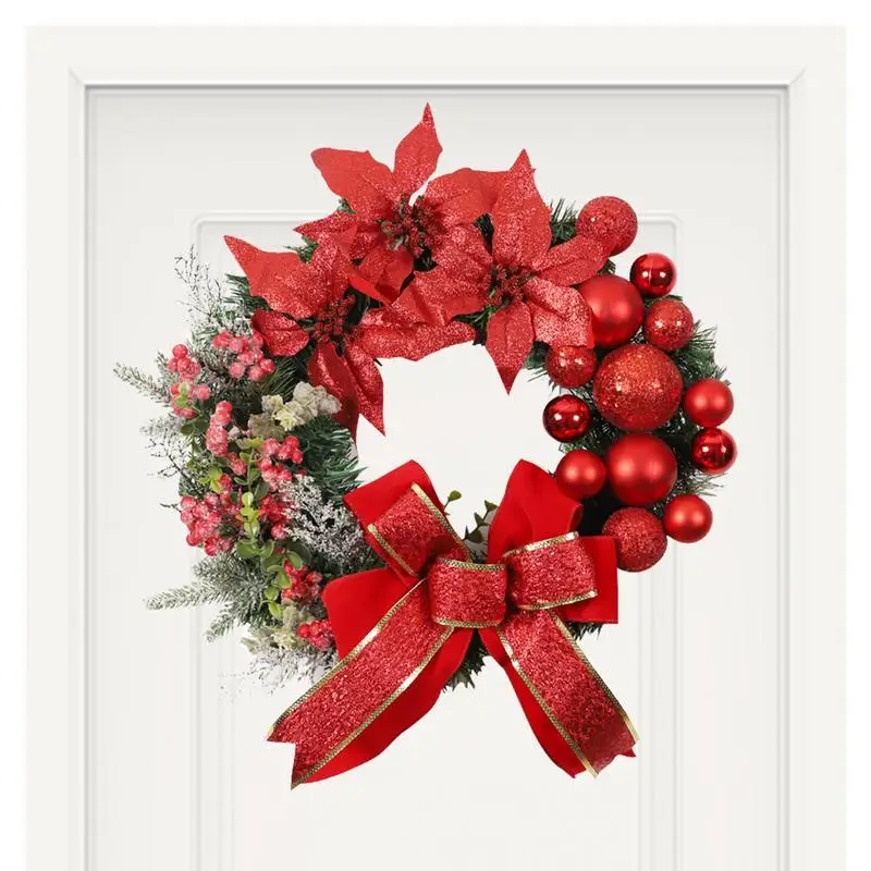 Christmas Wreath For Front Door Artificial Pine Needle Red Berry Clusters Wreath Poinsettia Flowers Holiday Wreath With Ball