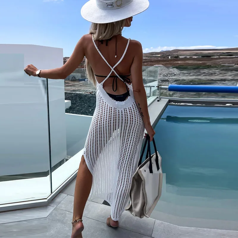 Sexy Women High Waist Lace-up Hollow Out Dress Summer Beach knitted Sunscreen Bikini Smock Dress Lady V Neck Slit Backless Dress