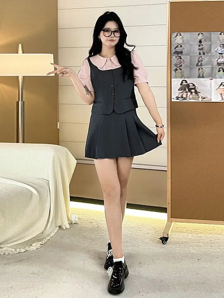 

Sweet College Style Women's Summer Outfit High Waist Pleated Short Skirt Bubble Sleeve Shirt Two-Piece Set Fashionable Ensemble
