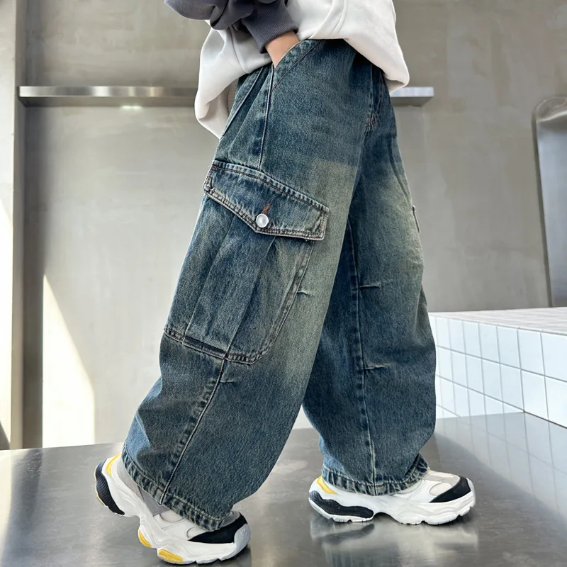 New Spring/Autumn Children Loose Fit Baggy Cargo Jeans Trousers for Teen Boy High Quality Kids Fashion Denim Pants 4-14 Years
