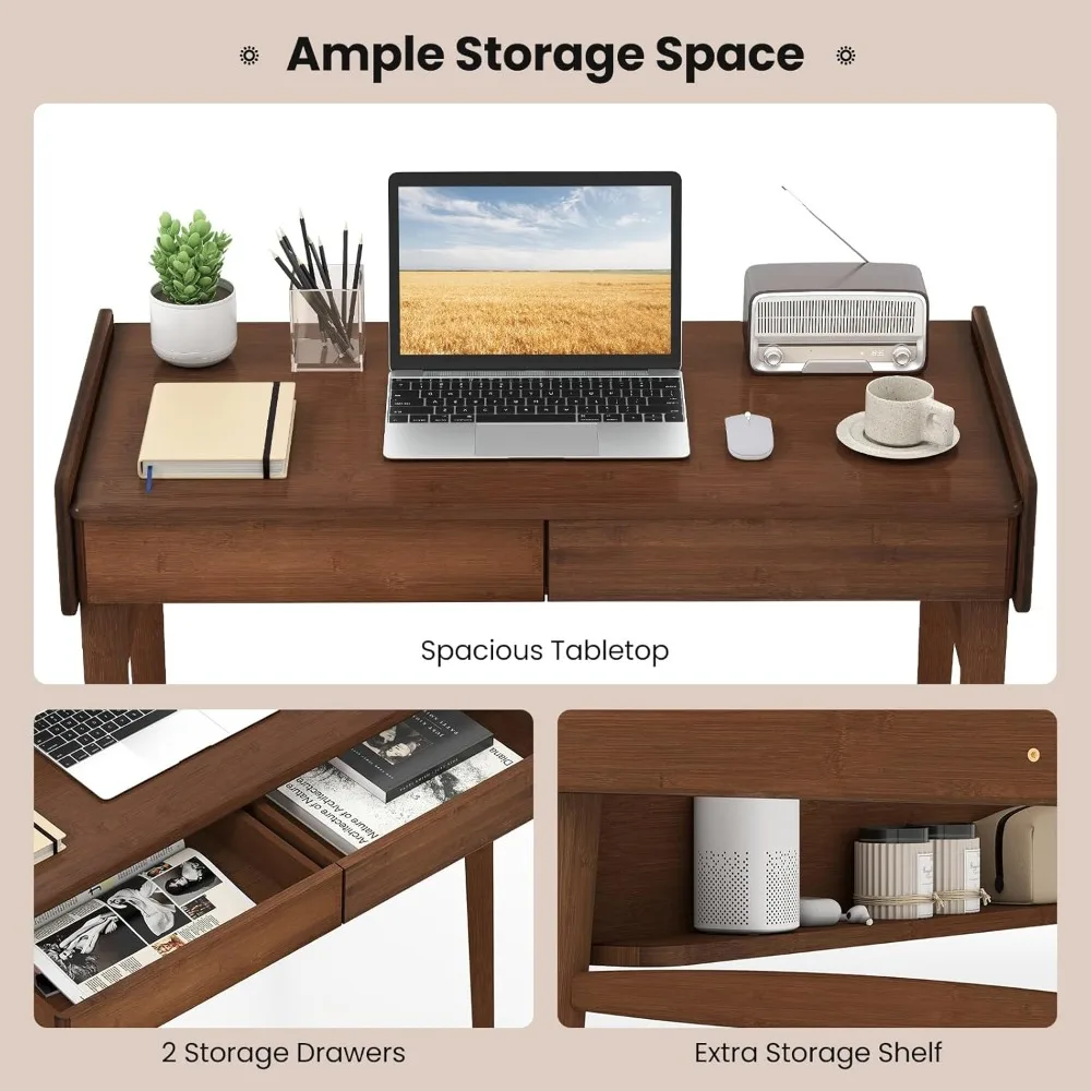 Medieval modern office desk, 39.5 bamboo computer desk with 2 drawers and open storage rack, makeup and dressing table