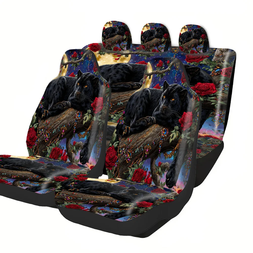 2-5 Seat Set Car Seat Covers Premium Black Panther Rose Print All Weather Fit For Truck SUV Off-road Car Festive Holiday Hallow