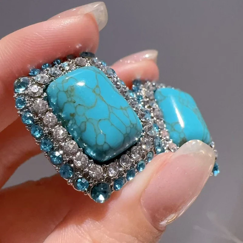 

Vintage Turquoise Square Rhinestone Stud Earrings For Women Accessories Luxury Jewelry Charm Designer Elegant New 2026 Trends