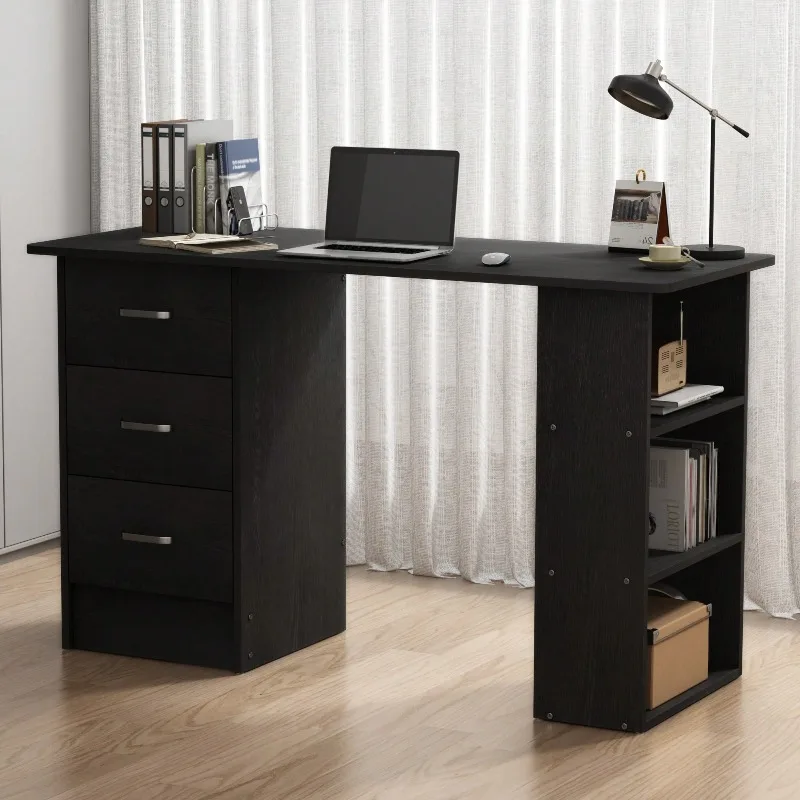 Writing Desk Wood Computer Desk With 3 Drawers,3 Open Storage Shelves For Home Office,Study Room,Dressing Room,Modern Home Office Desk,Gaming Desk,Home Office Furniture (White/Black)