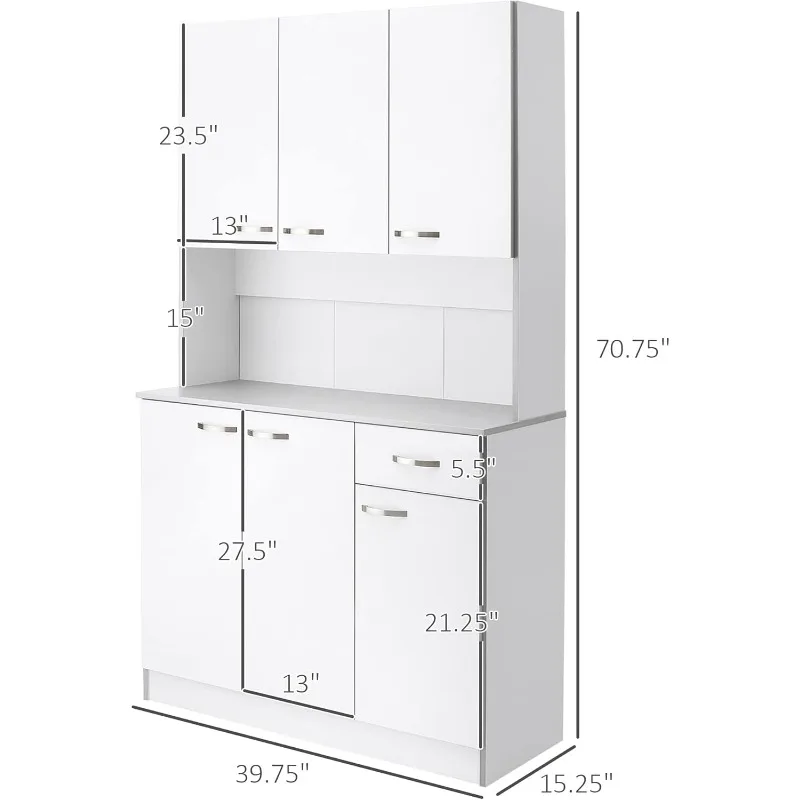 71" Freestanding Buffet with Hutch, Pantry with 6 Doors, 3 Adjustable Shelves, and Drawer for Living Room, White