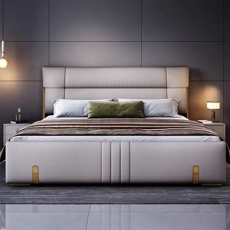 

#￥2025 Latest King Size Double Upholstered Bed Frame Leather Bedroom Set Design Queen Size Wooden Box Up-holstered Leather Beds