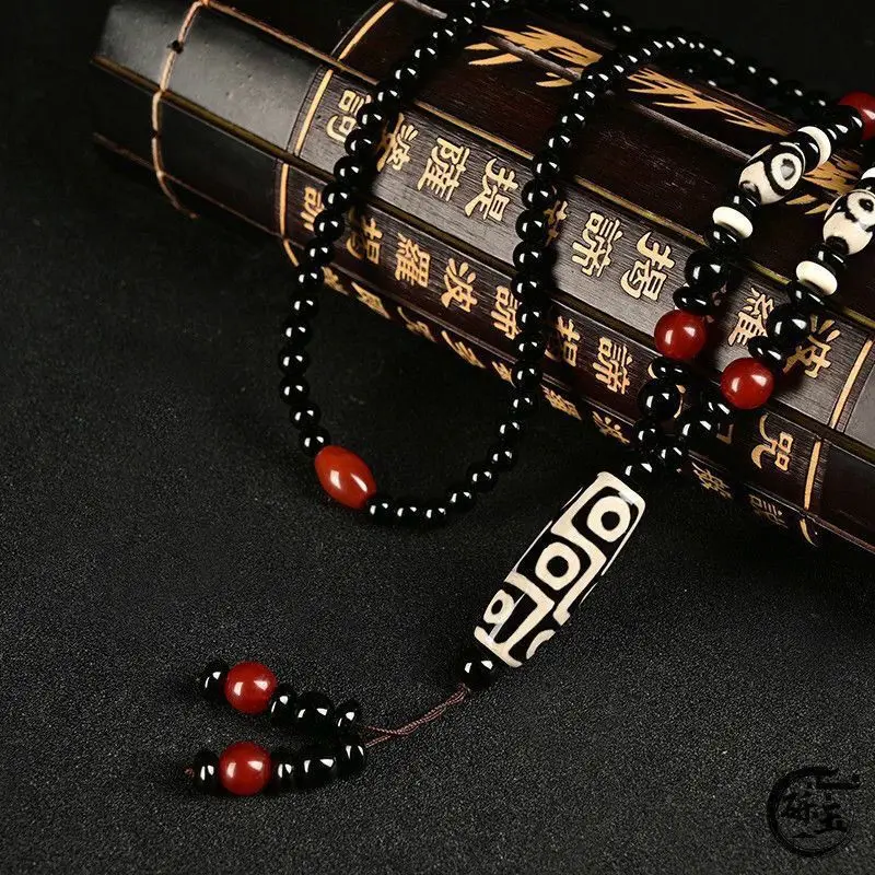 Tibetan Ancient Black and White Nine-Eye Necklace Agate Jade Necklace Sweater Chain Tide Pendant Ornaments