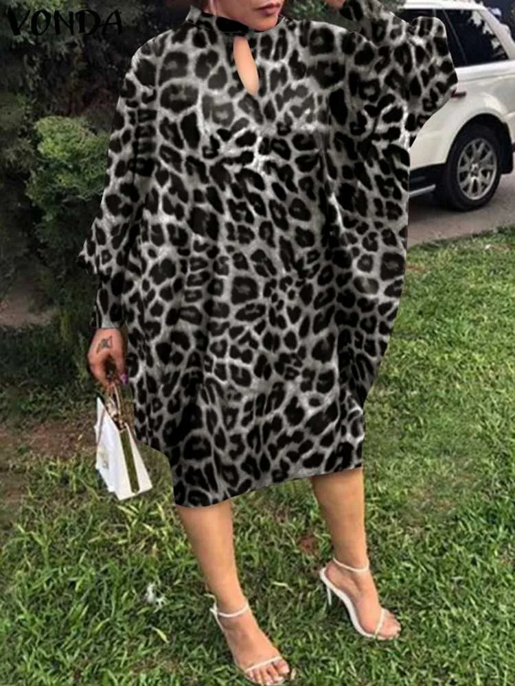 VONDA-vestido Midi con estampado de leopardo para mujer, traje plisado de manga larga con cuello redondo, holgado e informal, para fiesta, Otoño, 2024