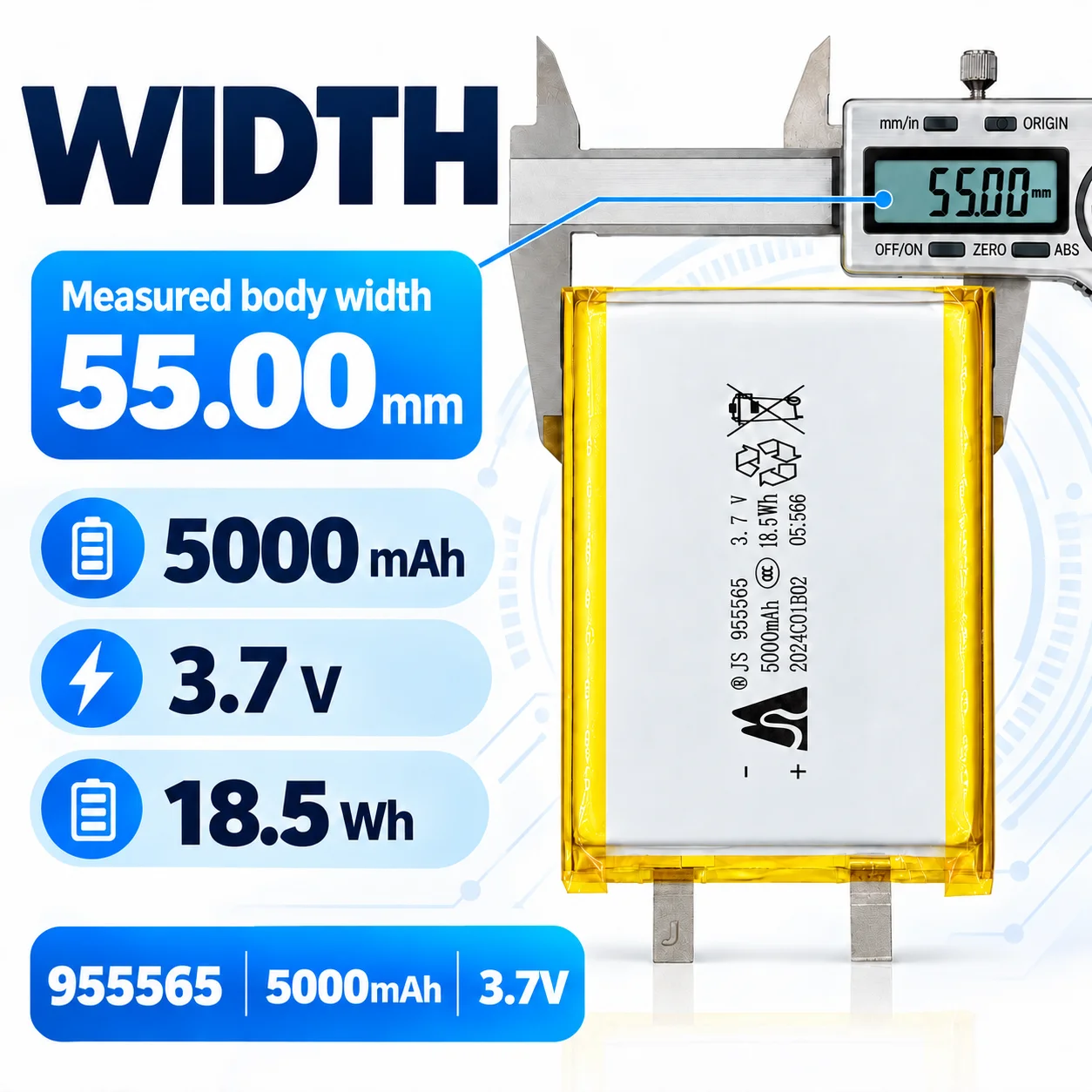 JS 955565 3.7V 5000mAh Rechargeable LiPo Battery Lithium Polymer Pouch Cell 9.5x55x65mm with Flat Metal Tabs
