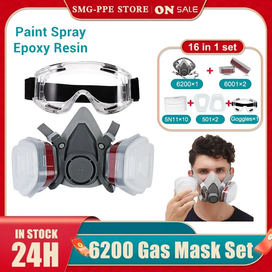 Gás Mask Paint Spray, 16in 1, 6200 Respirador, Cartuchos de Carbono 5n11, Filtros de Poeira, Segurança Resina, Proteção Ocular, Reparação de Óculos