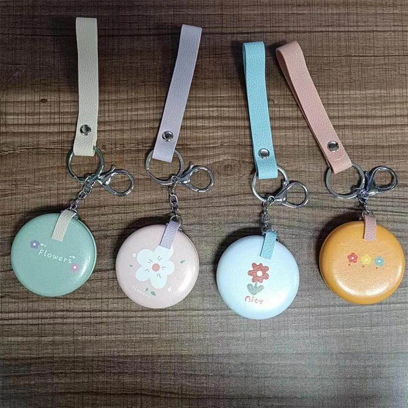 Keychain Folding Mirror Cute Cartoon Printed Makeup Mirror Mini Double Sided PU Leather Small Mirror Bread Mirror Enlarged