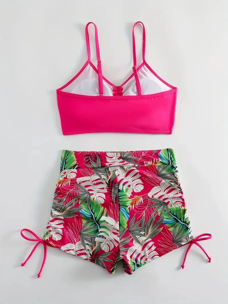 Tropical Leaf Print V-Neck High Waist Bikini Set, Two Piece Swimsuits, Women\'s Swimwear and Clothing