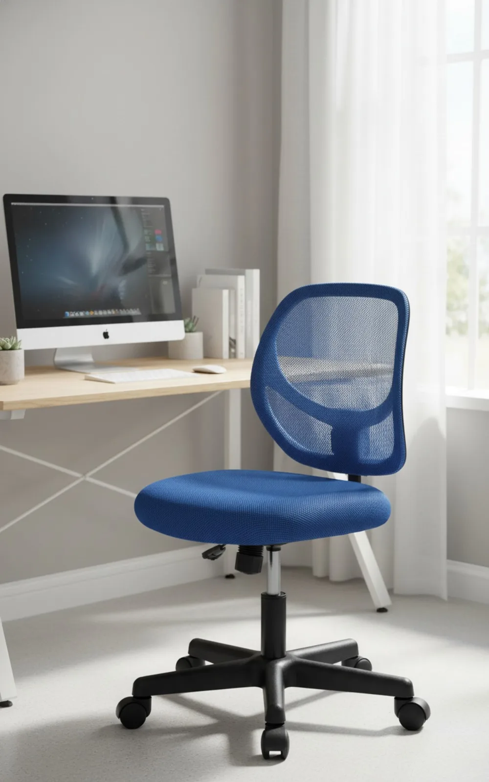 

Детский регулируемый сетчатый поворотный стул для учебы с низкой спинкой и подставкой для ног, синий — эргономичный дизайн для домашних заданий и игр