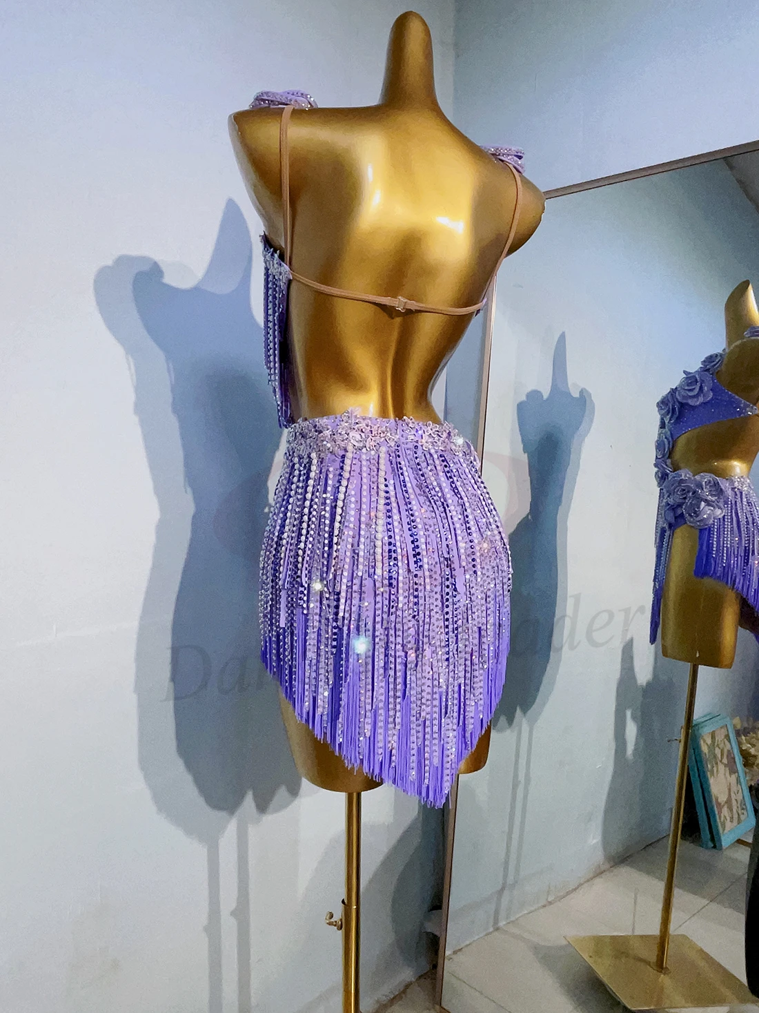 الرقص اللاتيني حجر الراين المرأة الراقية مخصصة لؤلؤة الماس شريط شرابة فستان زهري فستان رقص السامبا فستان الأداء